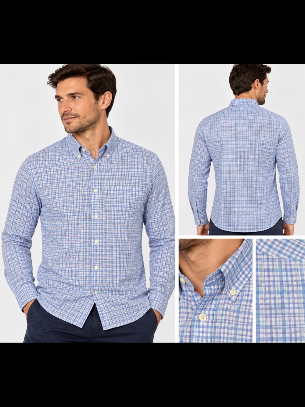 Peter Millar Blue and White Checked Button-Down Dress Shirt 100% cotton